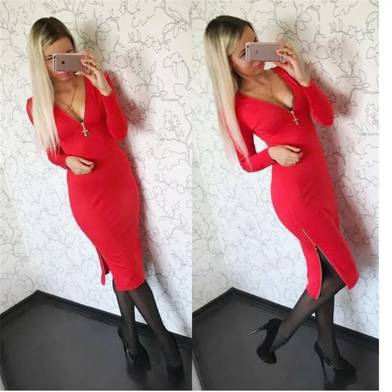 Women Plus Size Dress Casual Solid Straight Long Sleeve V-Neck Zippers Dresses Q0036 4