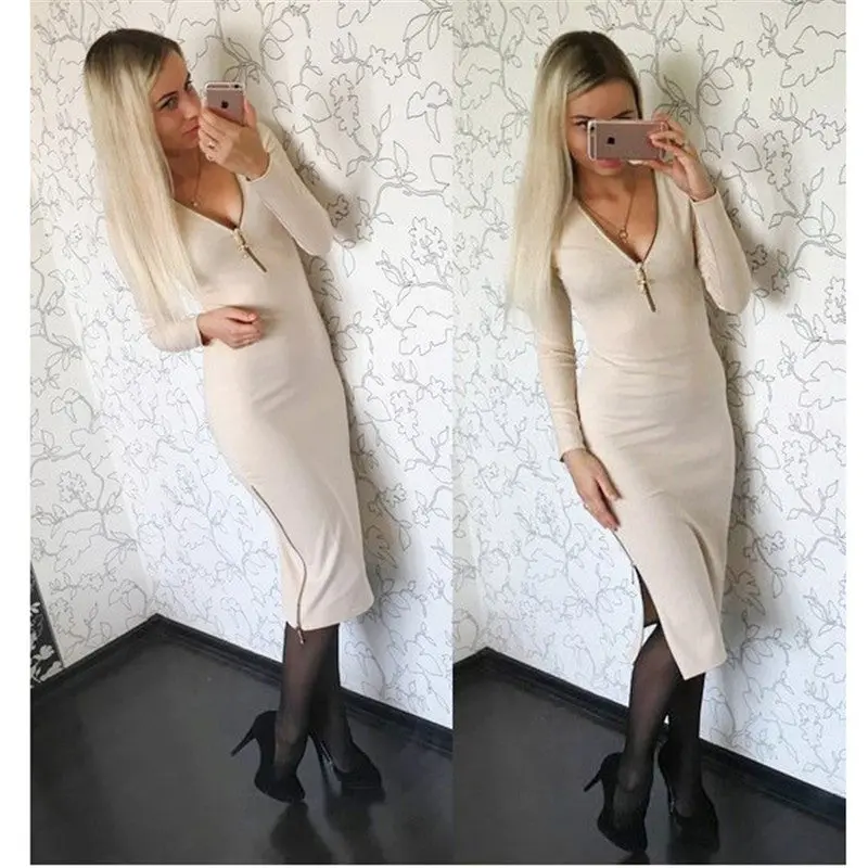 Women Plus Size Dress Casual Solid Straight Long Sleeve V-Neck Zippers Dresses Q0036 6