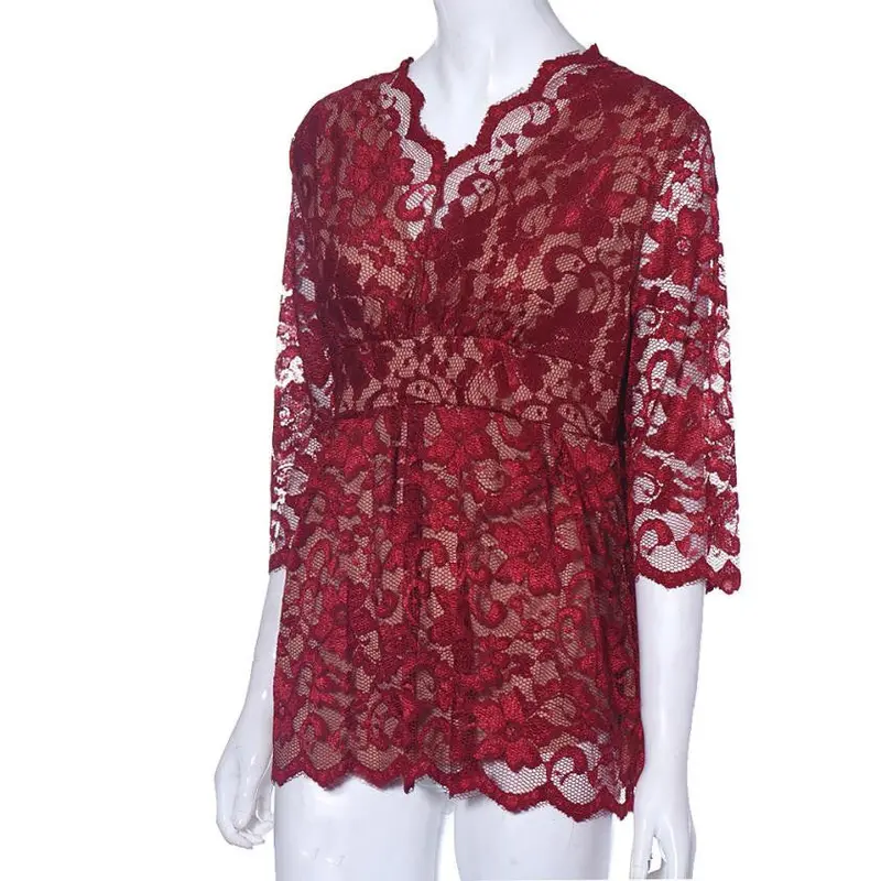 Women Plus Size Lace Shirt Hollow Casual Three Quarter Woman Red Lace Blouse Shirt 2