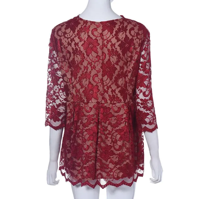 Women Plus Size Lace Shirt Hollow Casual Three Quarter Woman Red Lace Blouse Shirt 3