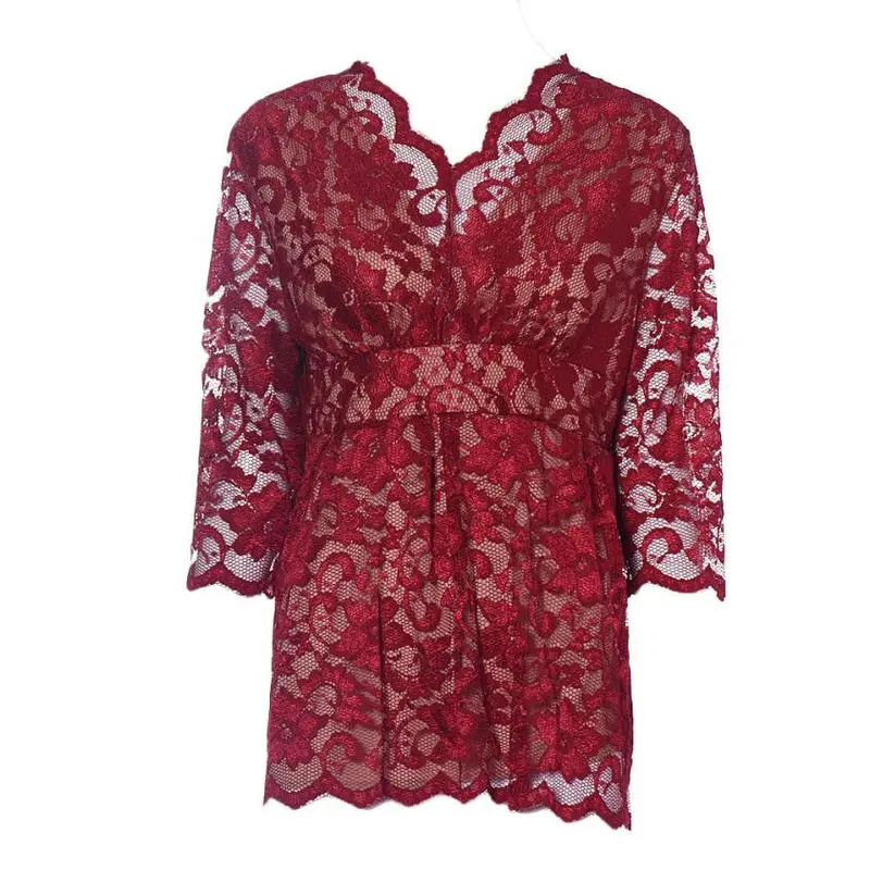 Women Plus Size Lace Shirt Hollow Casual Three Quarter Woman Red Lace Blouse Shirt 4