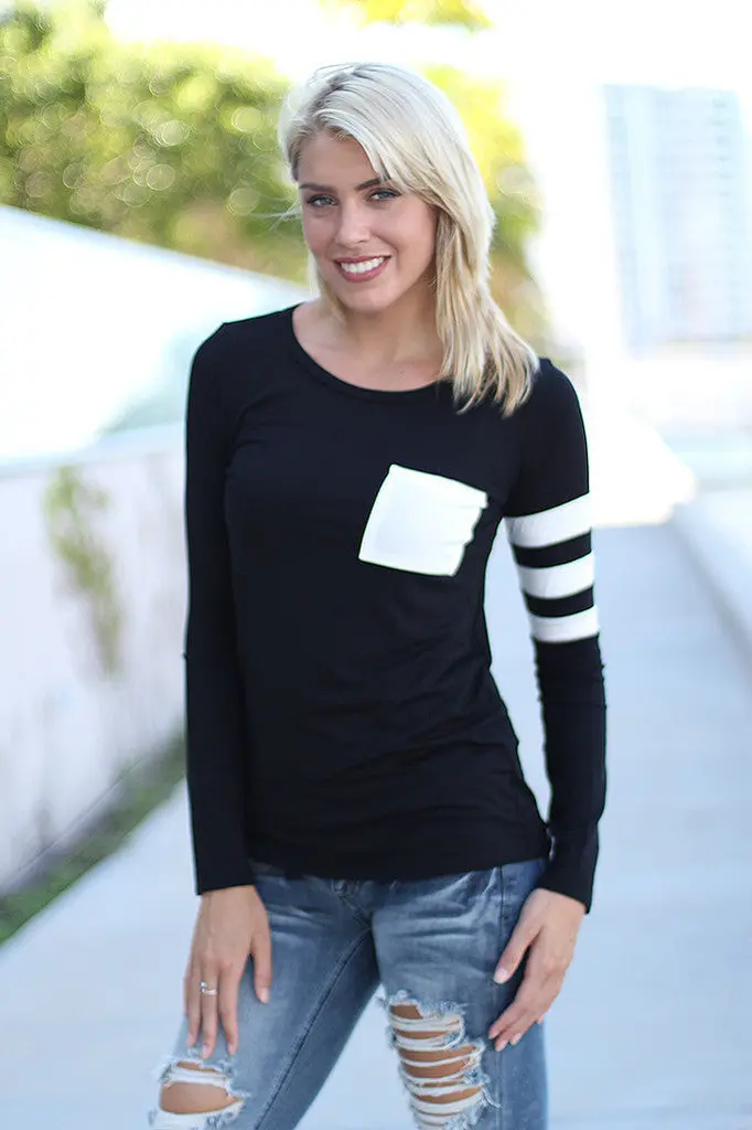 Women Pocket Patchwork T-Shirt Simple Striped Tops Tee O-Neck Long Sleeve Casual T Shirts Grey Wine Red Black T Shirts Gv257 4