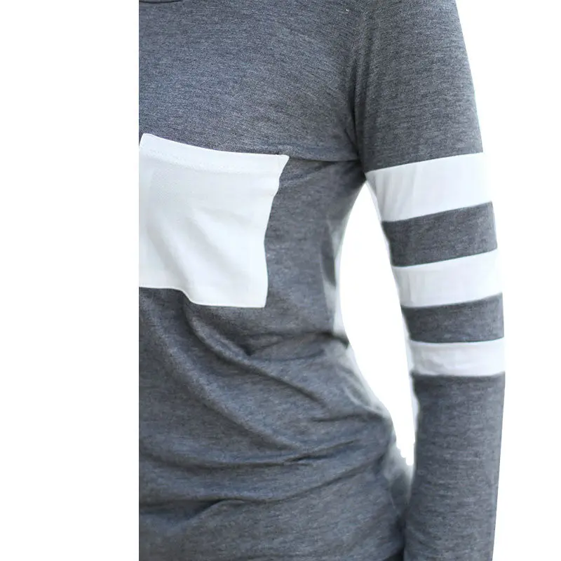 Women Pocket Patchwork T-Shirt Simple Striped Tops Tee O-Neck Long Sleeve Casual T Shirts Grey Wine Red Black T Shirts Gv257 7