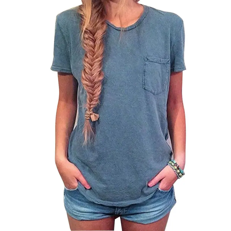 Women Pocket Short Sleeve Tshirt Casual Casual Fit Top Basic Tees 1