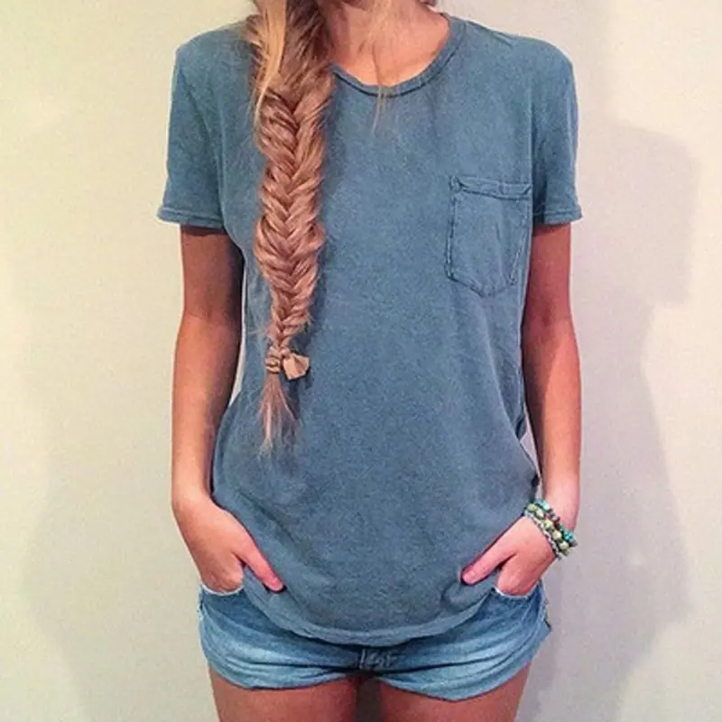 Women Pocket Short Sleeve Tshirt Casual Casual Fit Top Basic Tees 2