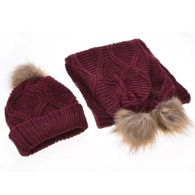 Women Popularcrochet Hat Fur Woolen Knit Beanie Raccoon Warm Caps+Scarf Shawl Suit 1