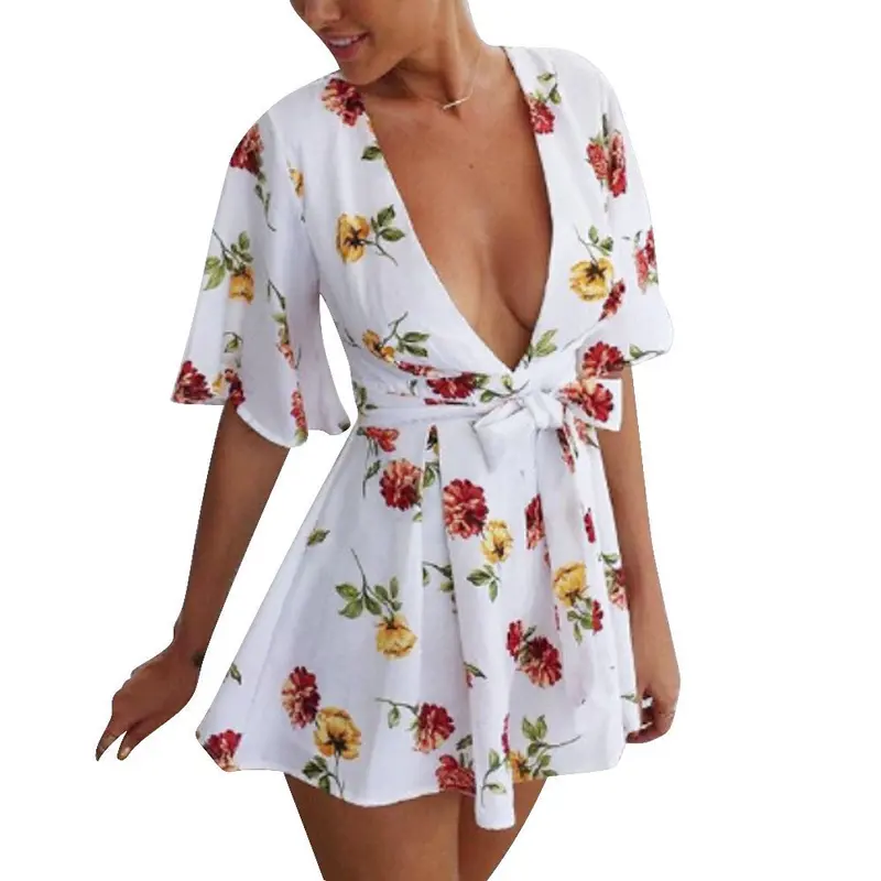 Women Printing V Neck Short Jumpsuit Rompers Playsuit Style Painting Strapless Jumpsuit V Neck Sleeveless 1