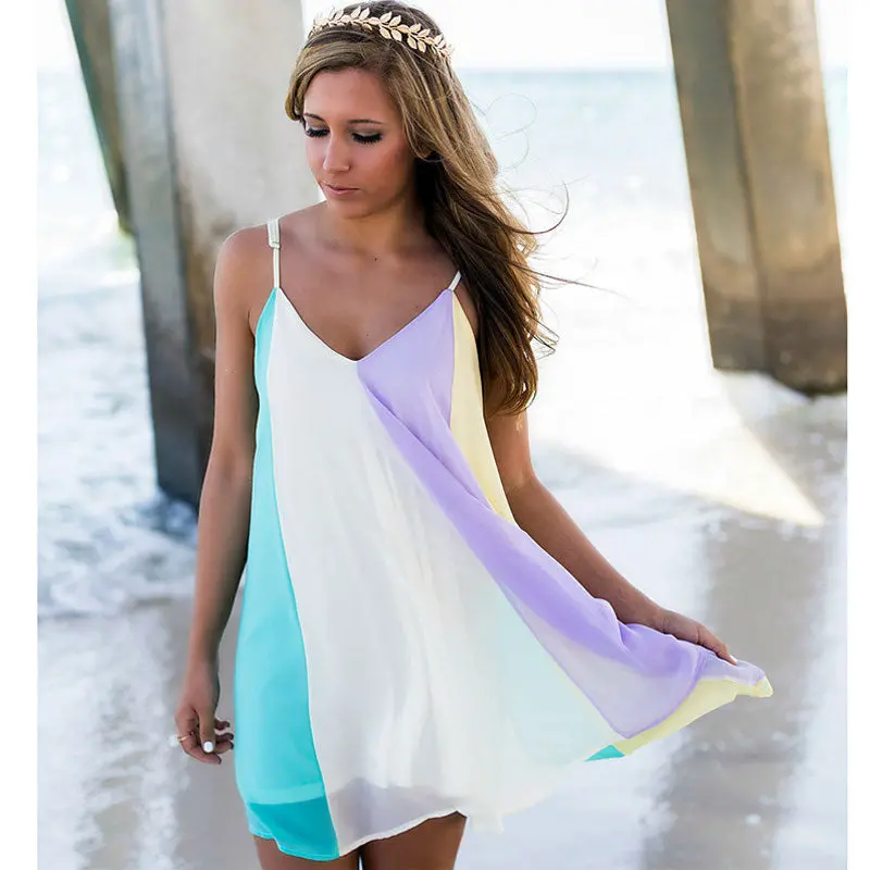 Women Rainbow Colorful Beach Dress Cocktail Party Mini Dress 1