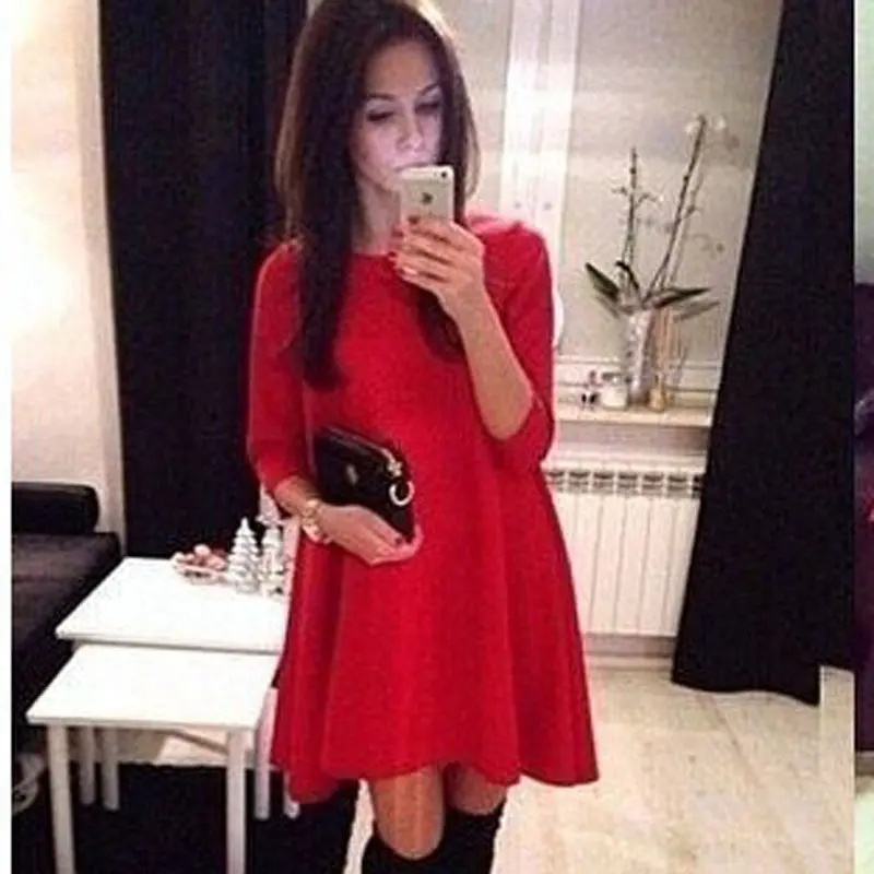 Women Red Casual Round Neck Three Quarter Solid Color Short Dresses Plus Size Clothing Feida Xxl 1