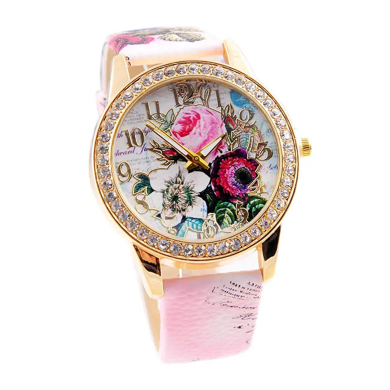 Women Reloj Flower Print Watches Women Colored Bling Crystal Watch Pu Leather Rhinestone Wristwatches Relogio Feminino 1