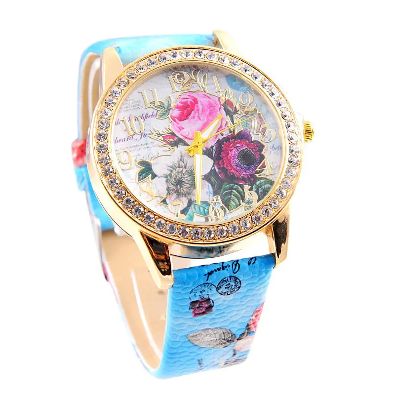 Women Reloj Flower Print Watches Women Colored Bling Crystal Watch Pu Leather Rhinestone Wristwatches Relogio Feminino 2