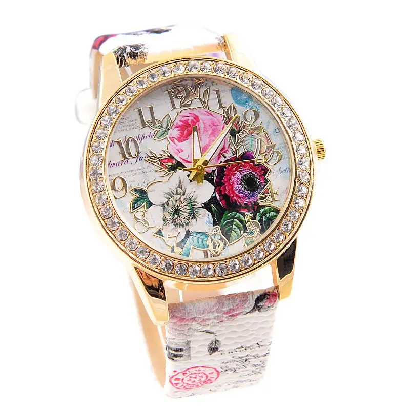 Women Reloj Flower Print Watches Women Colored Bling Crystal Watch Pu Leather Rhinestone Wristwatches Relogio Feminino 3