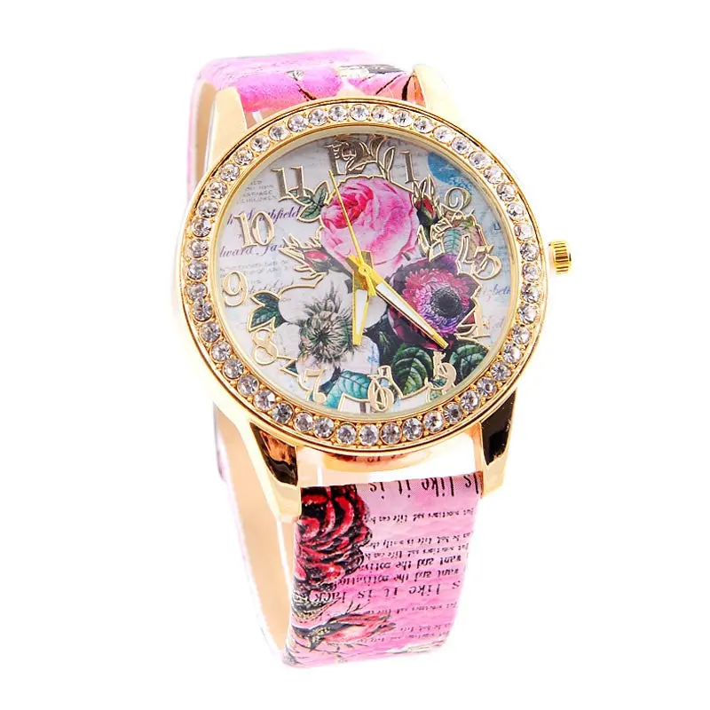 Women Reloj Flower Print Watches Women Colored Bling Crystal Watch Pu Leather Rhinestone Wristwatches Relogio Feminino 4