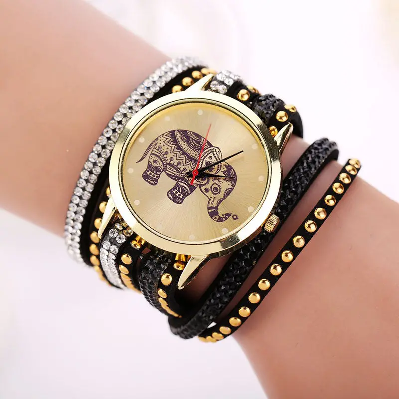 Women Relojes Girl Elephant Rivet Bracelet Watch Quartz Braid Winding Wrap Wristwatch Crystal Hour 9 Candy Color 1