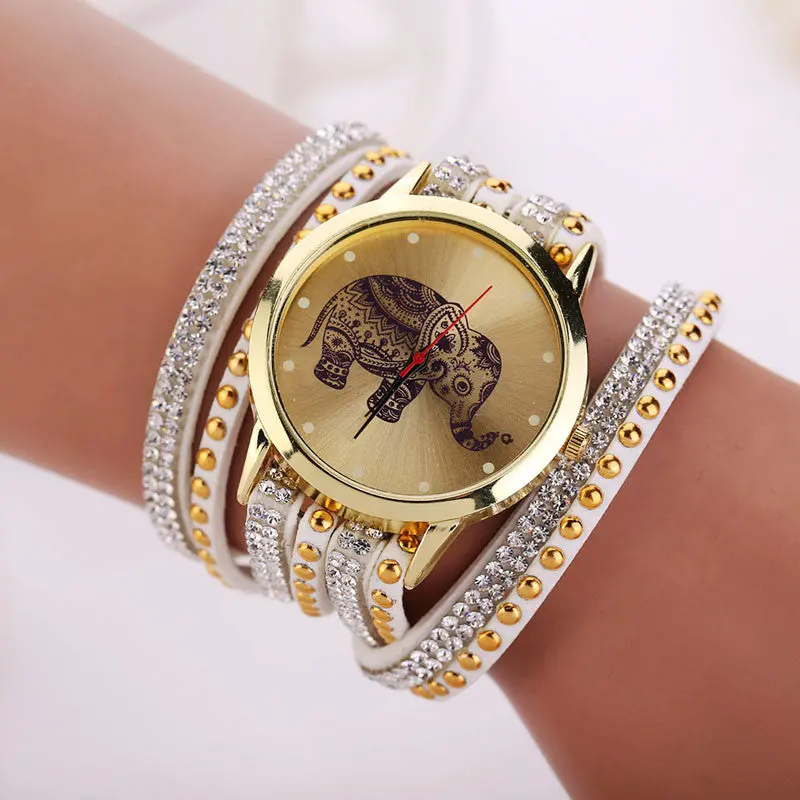 Women Relojes Girl Elephant Rivet Bracelet Watch Quartz Braid Winding Wrap Wristwatch Crystal Hour 9 Candy Color 2