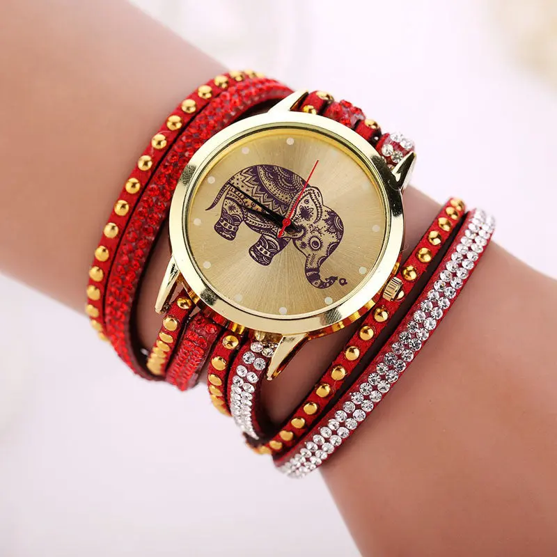 Women Relojes Girl Elephant Rivet Bracelet Watch Quartz Braid Winding Wrap Wristwatch Crystal Hour 9 Candy Color 3