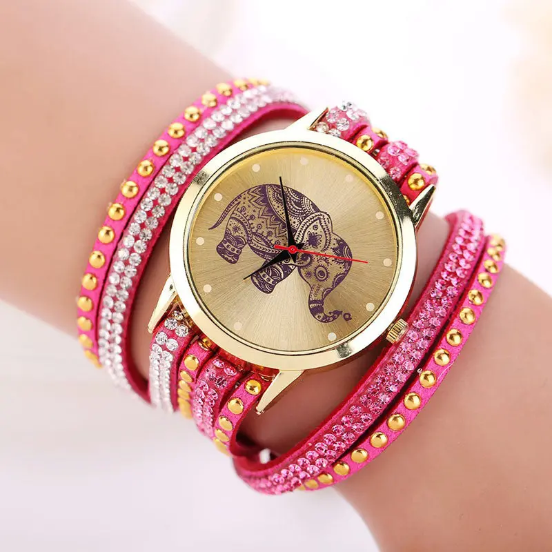 Women Relojes Girl Elephant Rivet Bracelet Watch Quartz Braid Winding Wrap Wristwatch Crystal Hour 9 Candy Color 4