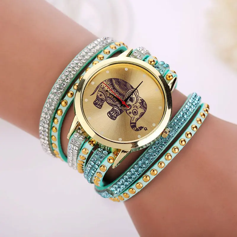Women Relojes Girl Elephant Rivet Bracelet Watch Quartz Braid Winding Wrap Wristwatch Crystal Hour 9 Candy Color 5