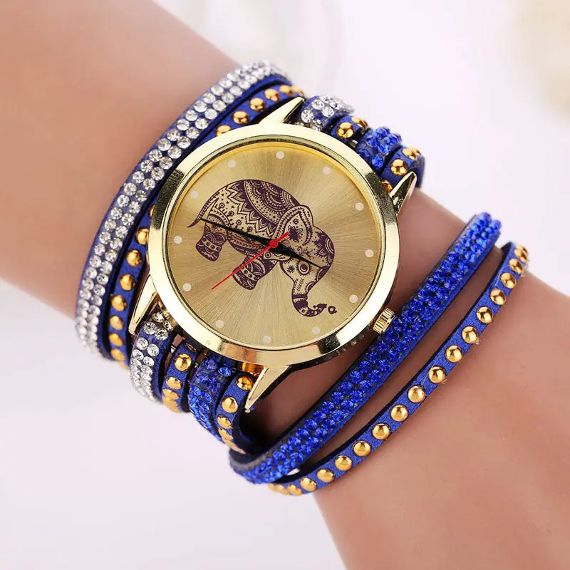 Women Relojes Girl Elephant Rivet Bracelet Watch Quartz Braid Winding Wrap Wristwatch Crystal Hour 9 Candy Color 6