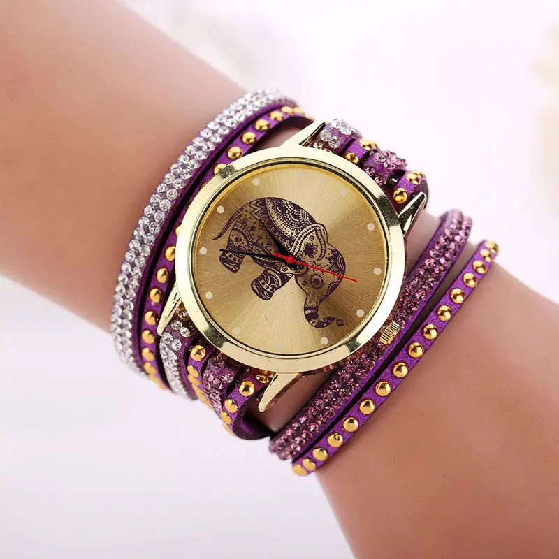 Women Relojes Girl Elephant Rivet Bracelet Watch Quartz Braid Winding Wrap Wristwatch Crystal Hour 9 Candy Color 7