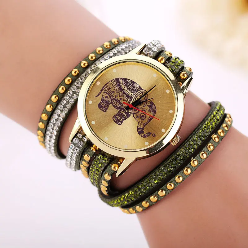 Women Relojes Girl Elephant Rivet Bracelet Watch Quartz Braid Winding Wrap Wristwatch Crystal Hour 9 Candy Color 8