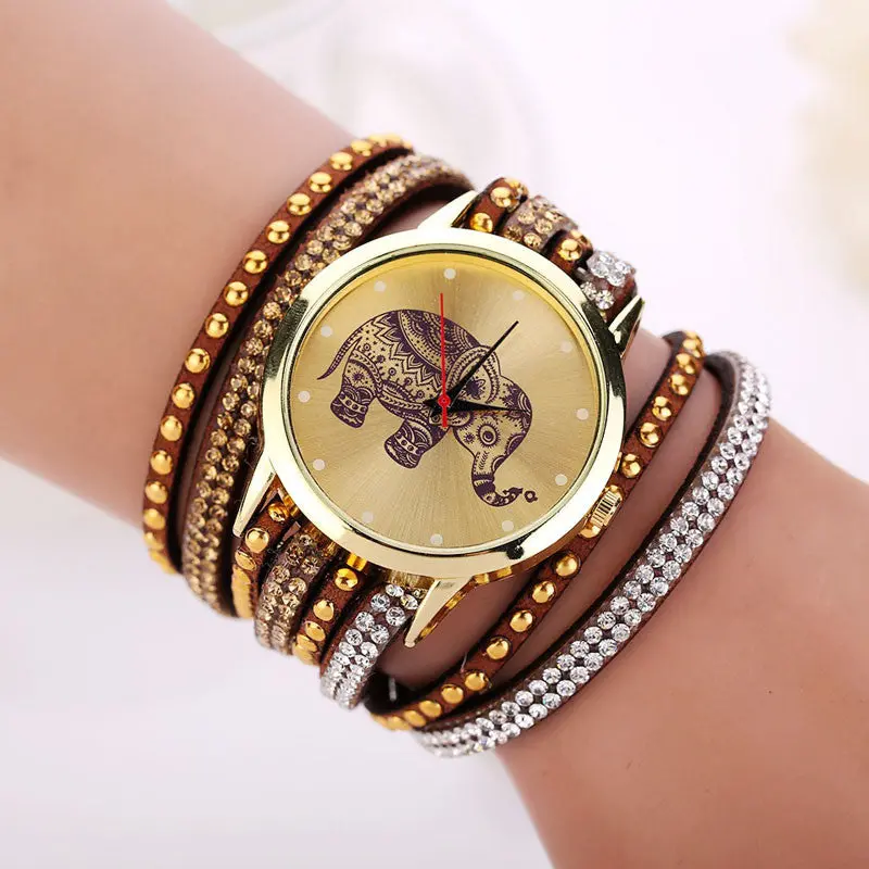 Women Relojes Girl Elephant Rivet Bracelet Watch Quartz Braid Winding Wrap Wristwatch Crystal Hour 9 Candy Color 9