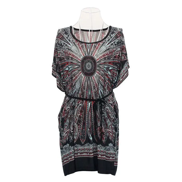 Women Retro Loose Ethnic Print Boho Skater Batwing Mini Dress Teast 2