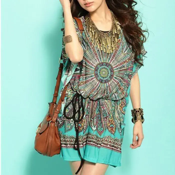 Women Retro Loose Ethnic Print Boho Skater Batwing Mini Dress Teast 3