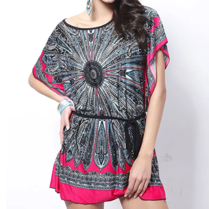 Women Retro Loose Ethnic Print Boho Skater Batwing Mini Dress Teast 4