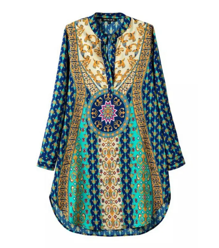 Women Retro Palace Floral Print Dress Vintage Long Sleeve Deep V-Neck Short Shift Dresses Casual Tops 1