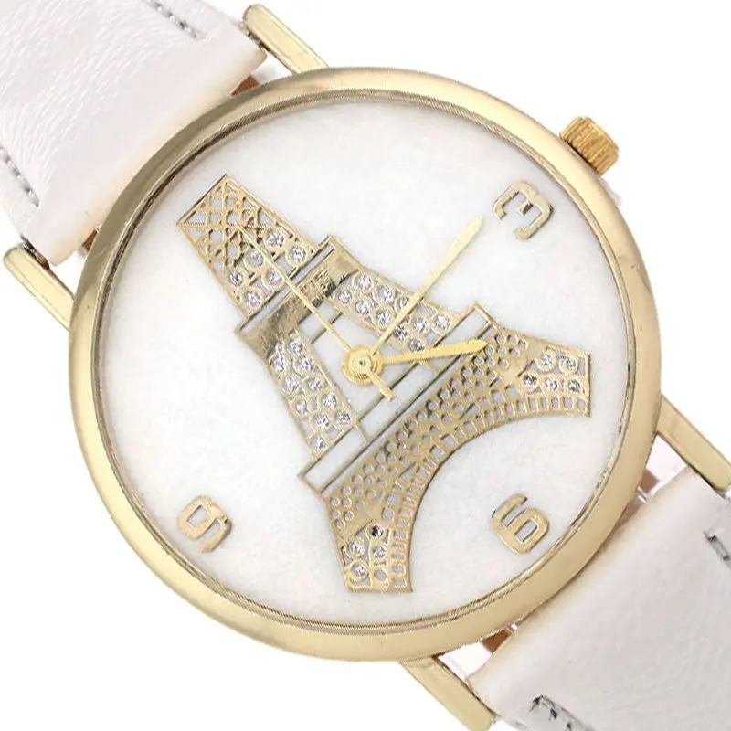 Women Retro Watch Eiffel Tower Printed Faux Leather Analog Quartz Wristwatch Casual Dress Hour & 2
