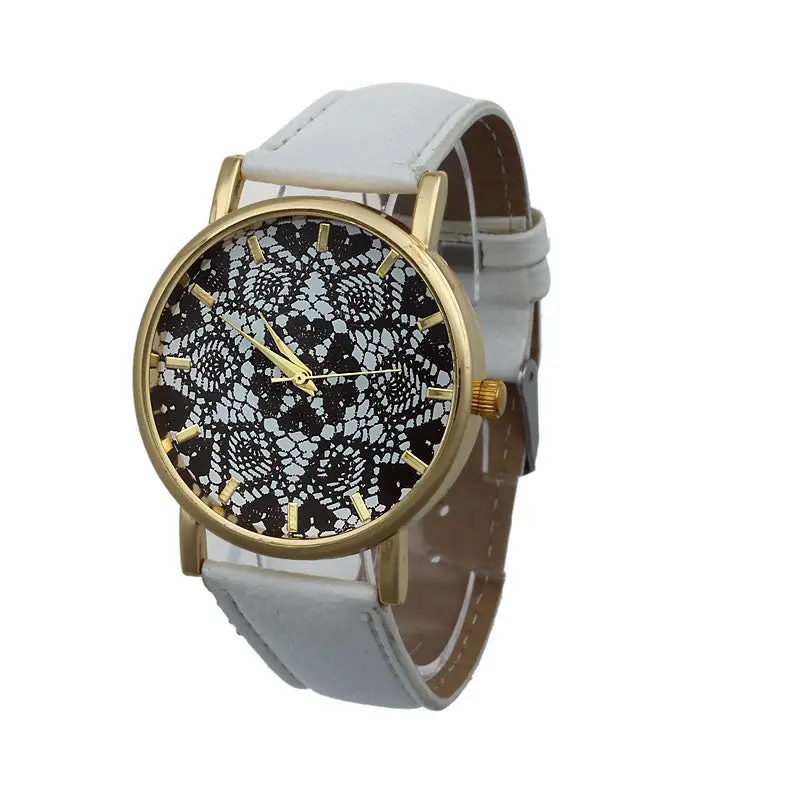 Women Retro Watch Geometry Flower Print Faux Leather Top Lady Causal Watch Analog Display Women Dress Watch 1