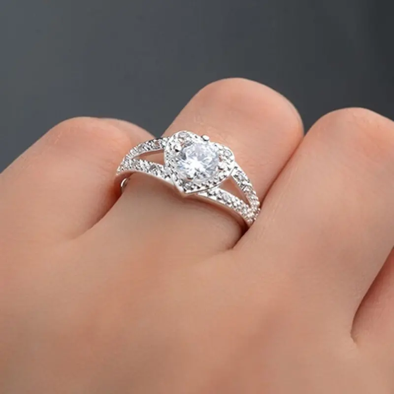 Women Rings Chic Silver Crystal Heart Shaped Love Wedding Ring Jewelry Minimalist Anillo Feminino 2