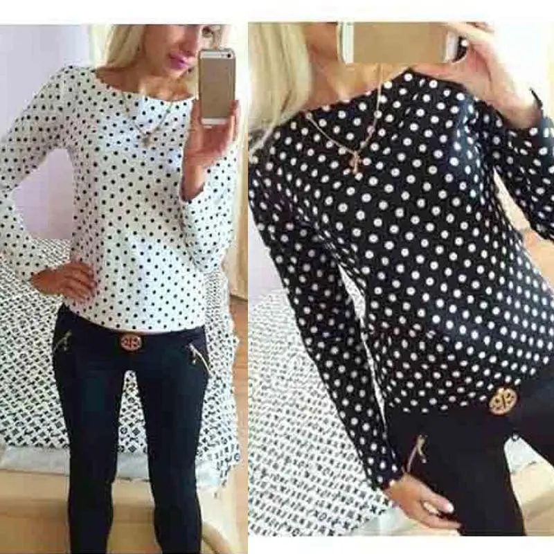 Women Round Neck Long Sleeve Puiiover Wave Point Chiffon Shirt Clothes 1