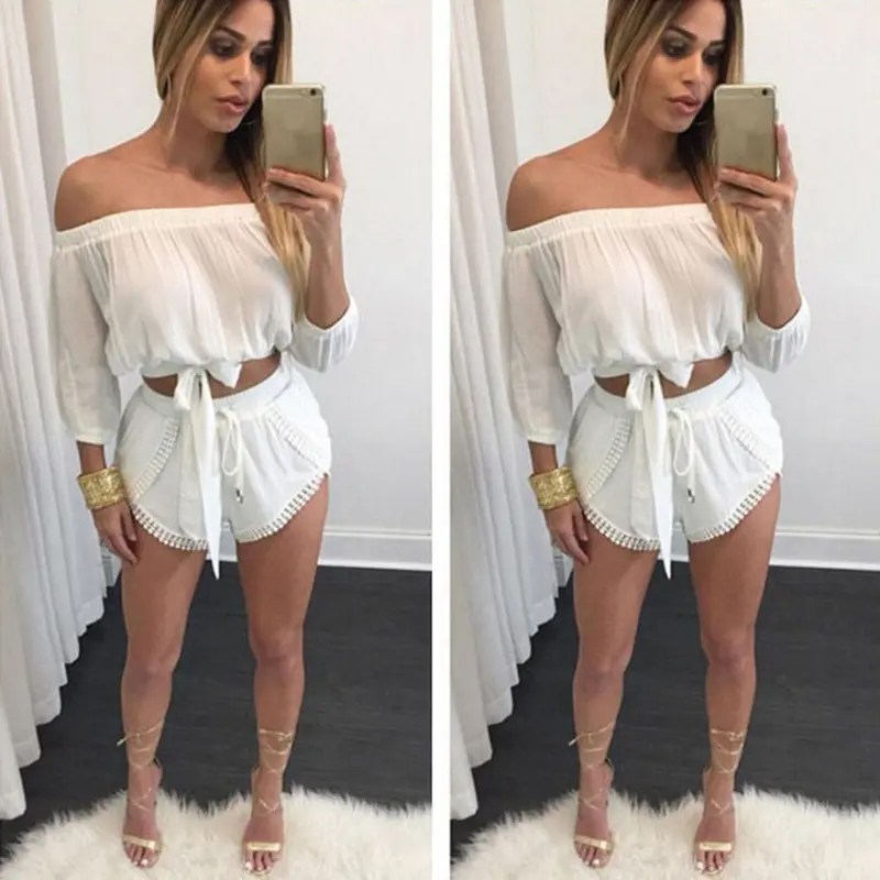Women Set Suit Ensemble Two Piece Word Collar Blouse Lace Shorts Suit Feida 1
