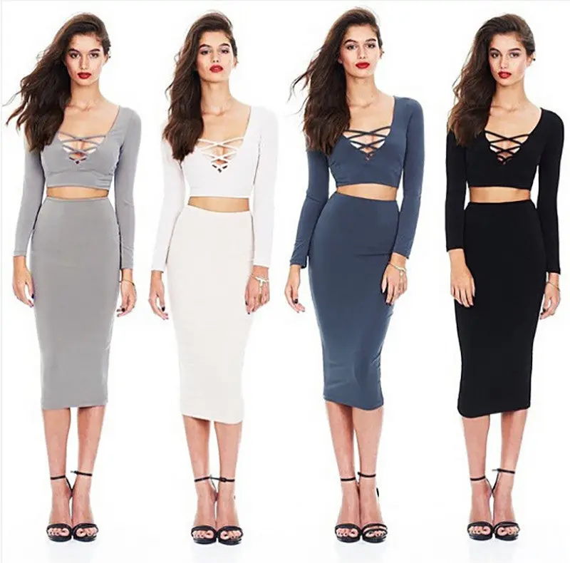 Women Set Tie Up V-Neck Long Sleeve Crop Tops+Skirts 2 Pieces Clothing Bust Hollow Out Solid Suit Slim Clubwear X0371 6
