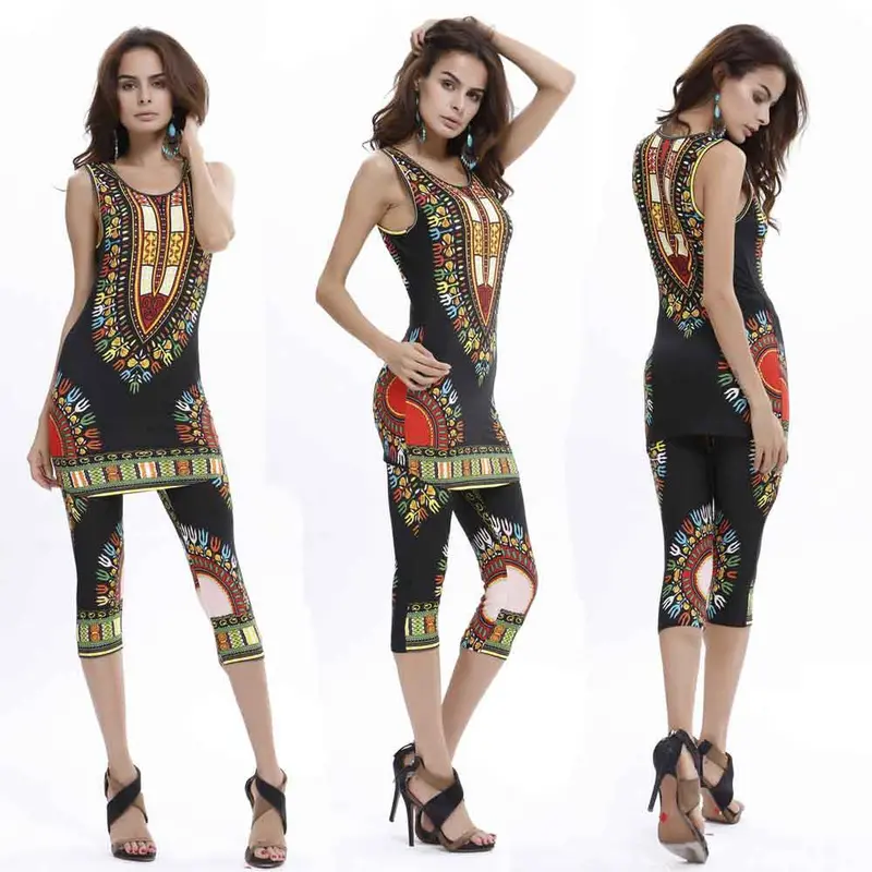 Women Set Vintage African Tribal Print Elastic Sheath Tank Top And Pants 2 Piece Women Suits 1