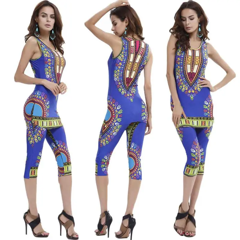 Women Set Vintage African Tribal Print Elastic Sheath Tank Top And Pants 2 Piece Women Suits 2