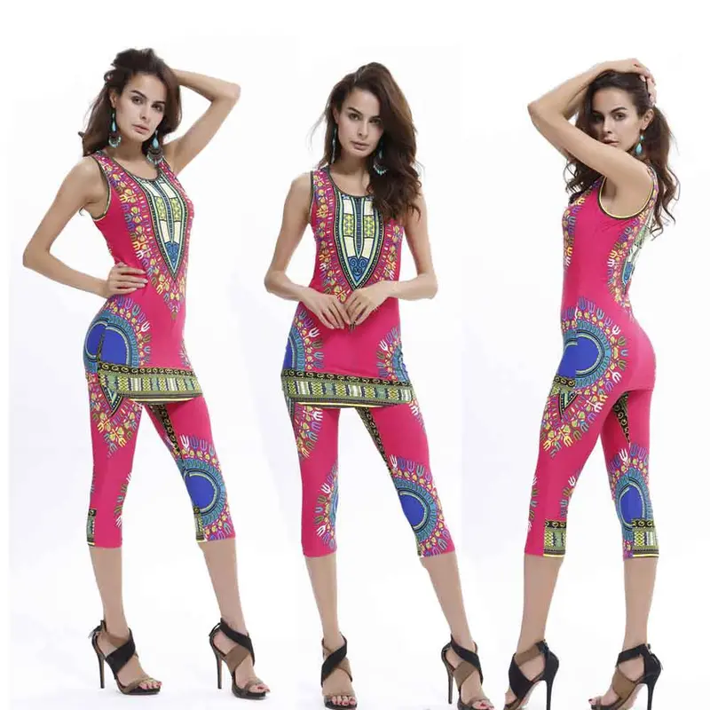 Women Set Vintage African Tribal Print Elastic Sheath Tank Top And Pants 2 Piece Women Suits 3