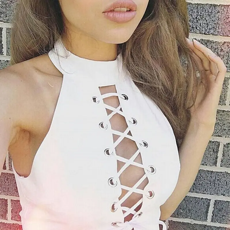 Women Sexy Bandage Vestidos Front Cross Club Bodycon Sleeveless Cocktail Party Tie Up Dress Elegent Ol Dressses 2
