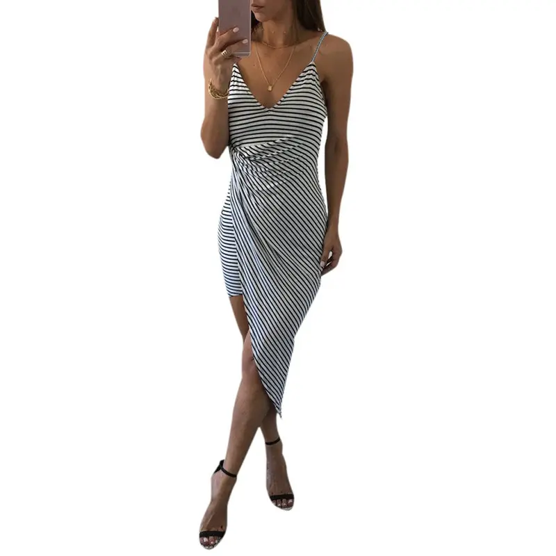 Women Sexy Black And White Striped V Neck Strap Backless Loose Bodycon Dress Robe Feida 1