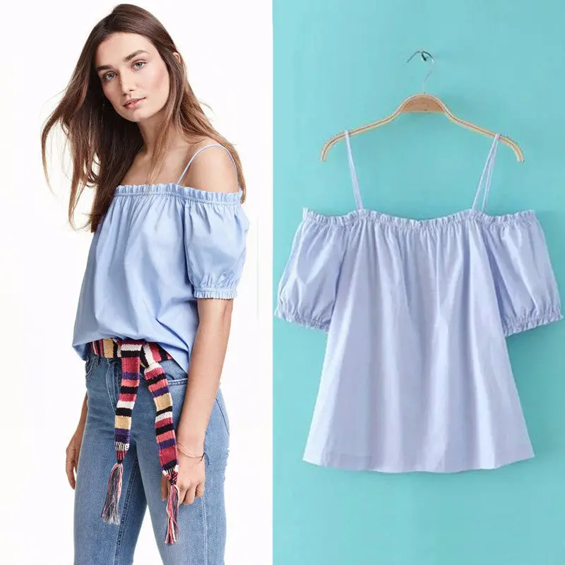 Women Sexy Blue Blouse Off Shoulder Short Sleeve Slash Neck Elegant Casual Tops Shirts 1