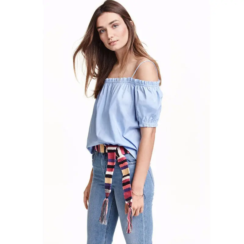Women Sexy Blue Blouse Off Shoulder Short Sleeve Slash Neck Elegant Casual Tops Shirts 2