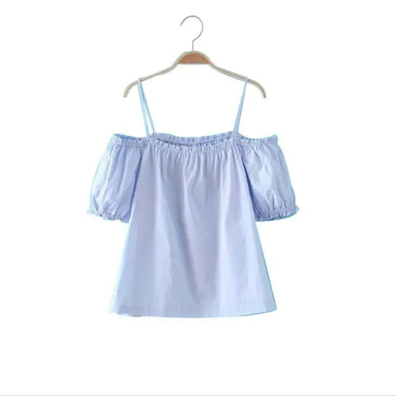 Women Sexy Blue Blouse Off Shoulder Short Sleeve Slash Neck Elegant Casual Tops Shirts 4