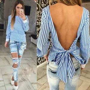 Women Sexy Bowknot Backless Striped Blouses Shirts Long Sleeve O Neck Blouse Women Bandage Novelty Tops Plus Size 1