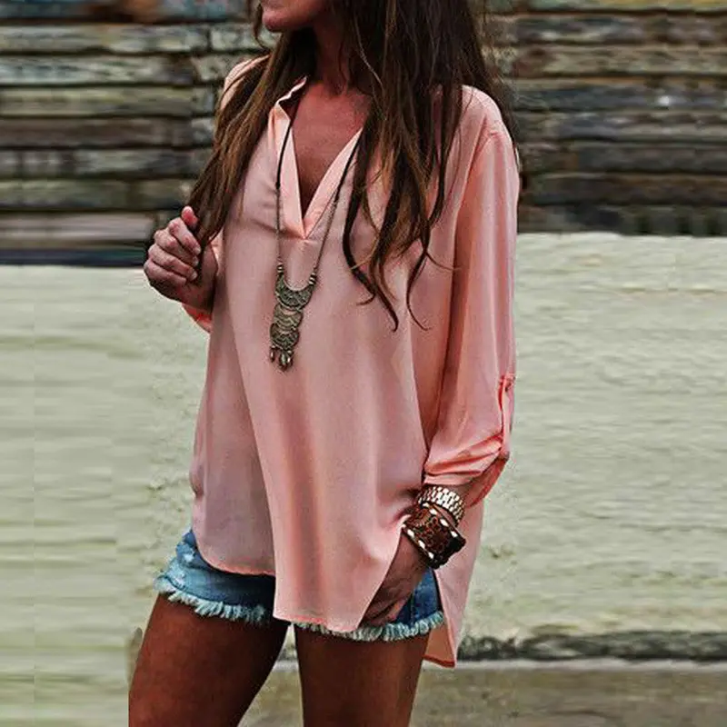 Women Sexy Chiffon Blouse Blusas Ladies Ol Elegant Women Tops Pink Chiffon Shirt Blouse 1