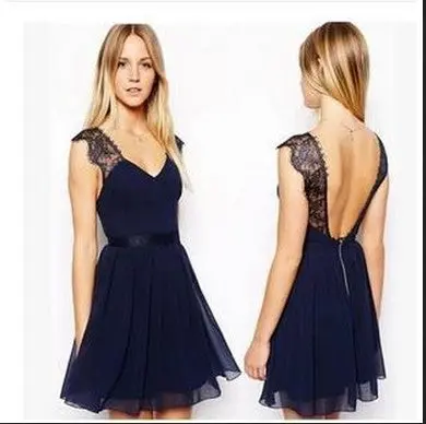 Women Sexy Dress Lace Pachwork Dress Plus Size Back Open Chiffon Dress With Lace Shoulder Strap 2