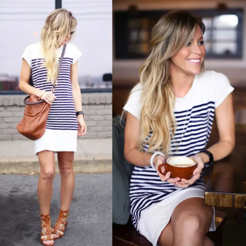 Women Sexy Dress Striped Casual Evening Party Short Mini Dress Large Size Sxl Girls Ladies Office Vestido 1