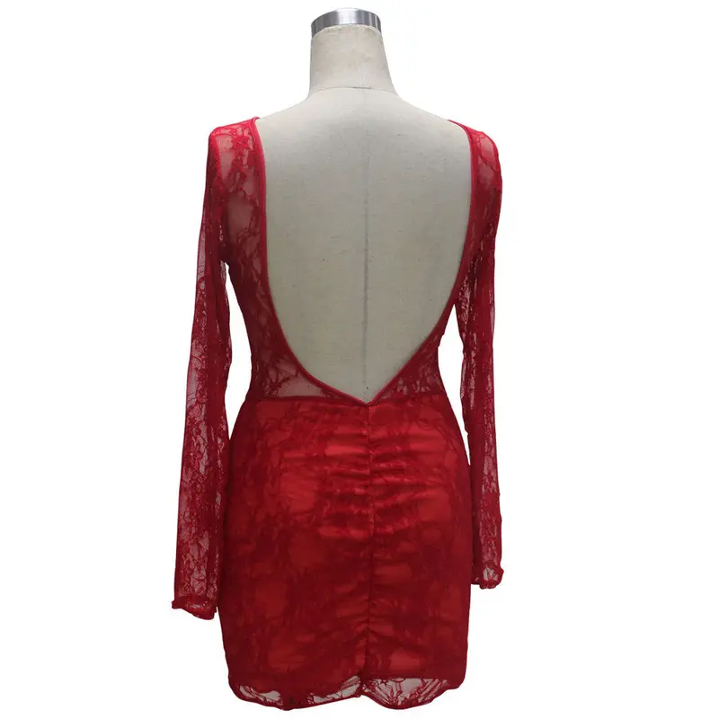 Women Sexy Dress Vestido De Festa Black Halter Lace Long-Sleeved Short Dress Feida 8
