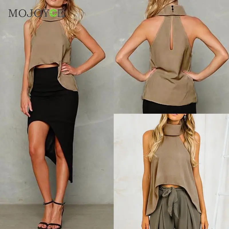 Women Sexy Halter High Neck Casual Sleeveless Fashion Irregular Shirts 9